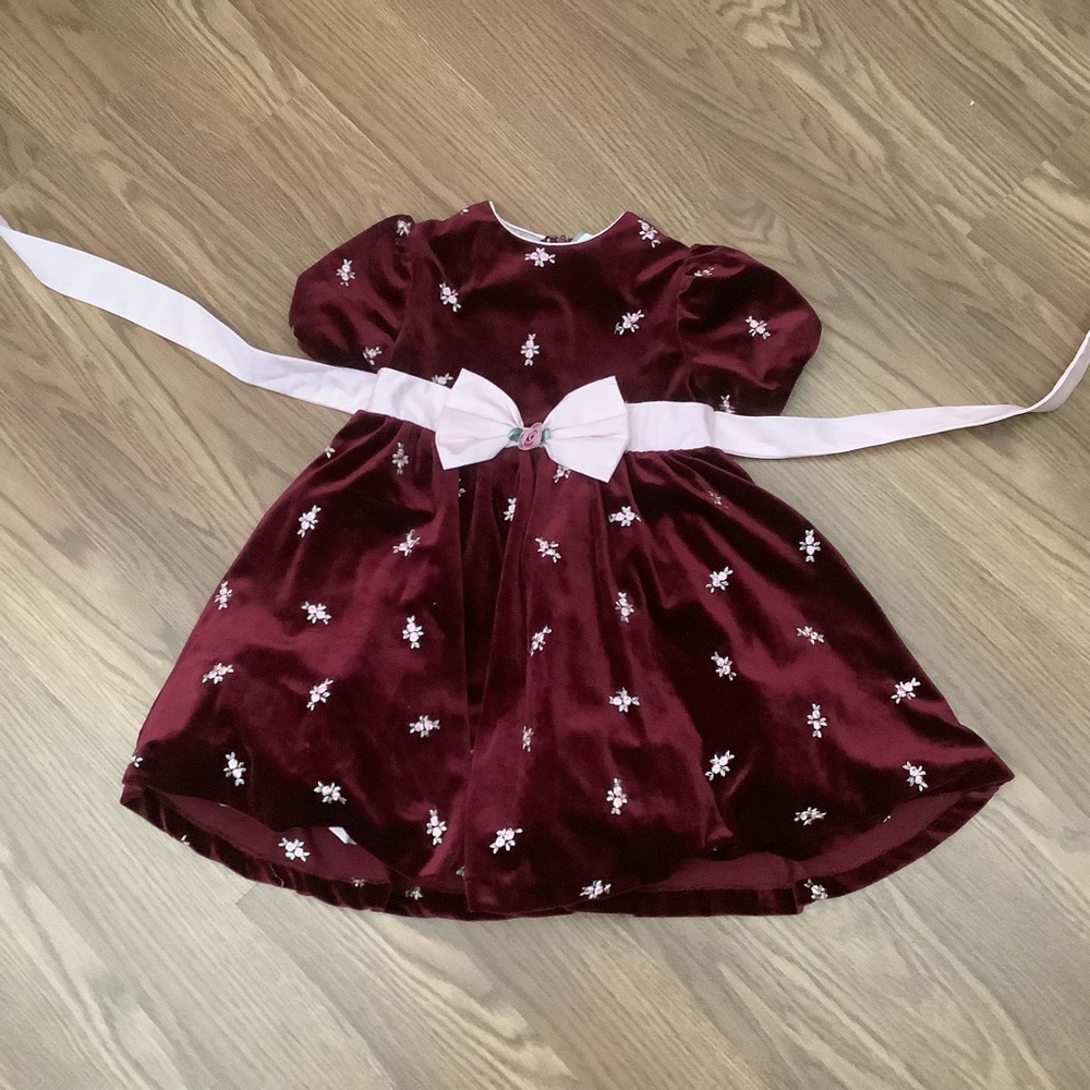 Little Bitty Dress Size 5 burgundy Velvet Floral Embroidered Short  Pink Bow
